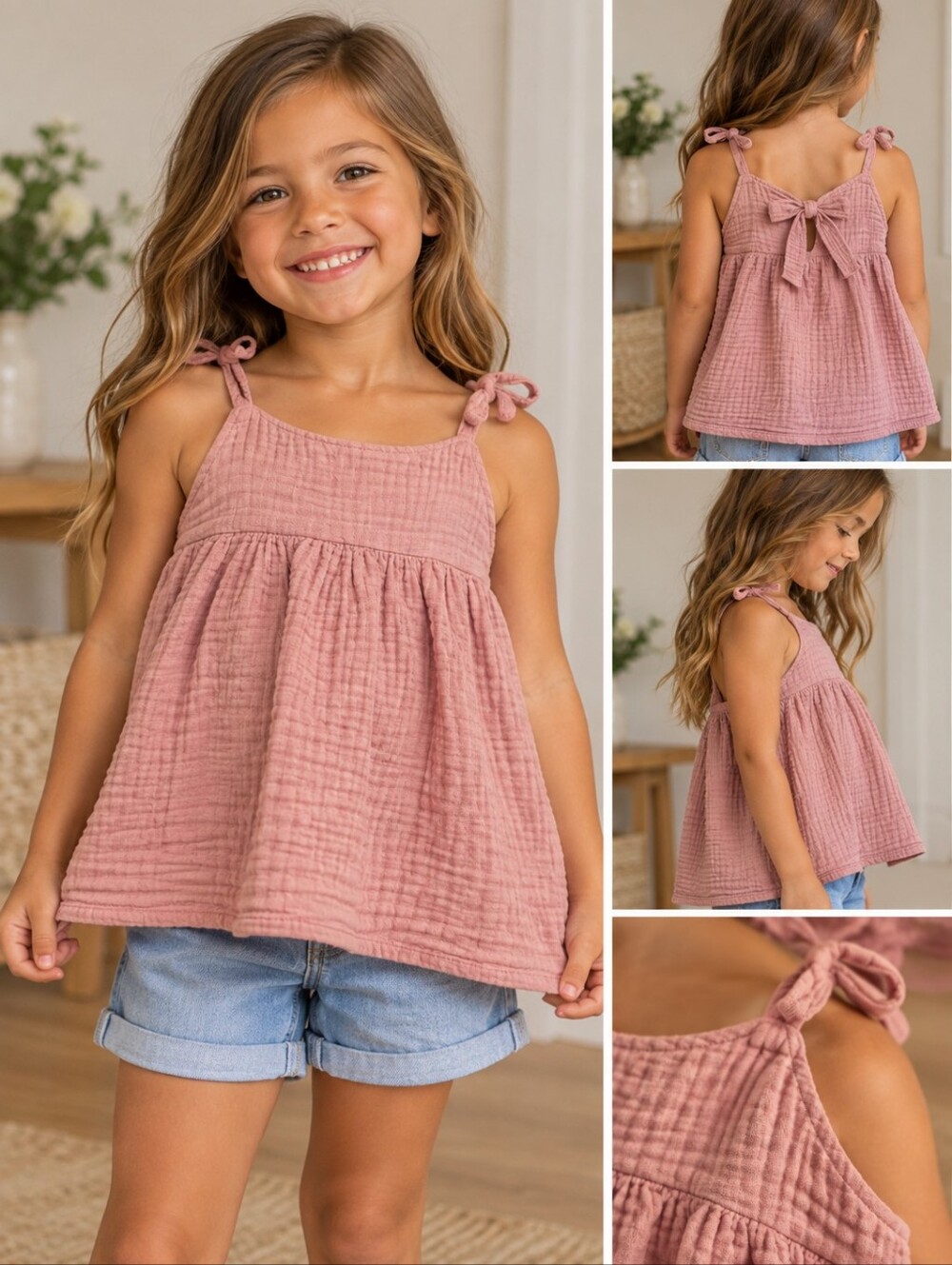 Cat & Jack Dusty Rose Gauze Tie-Back Top – Girls Size S 6/7 🌸